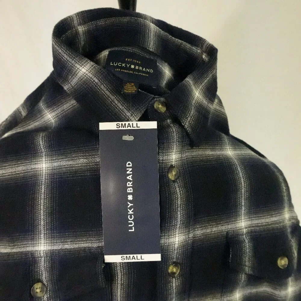 NWT Lucky Brand 100% Cotton Mens Small Plaid Long Sleeve Button Down Blue Black
